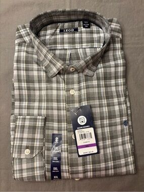 IZOD Men's XXL Plaid Gunmetal Luxury Classics Long Sleeve Button Down Shirt